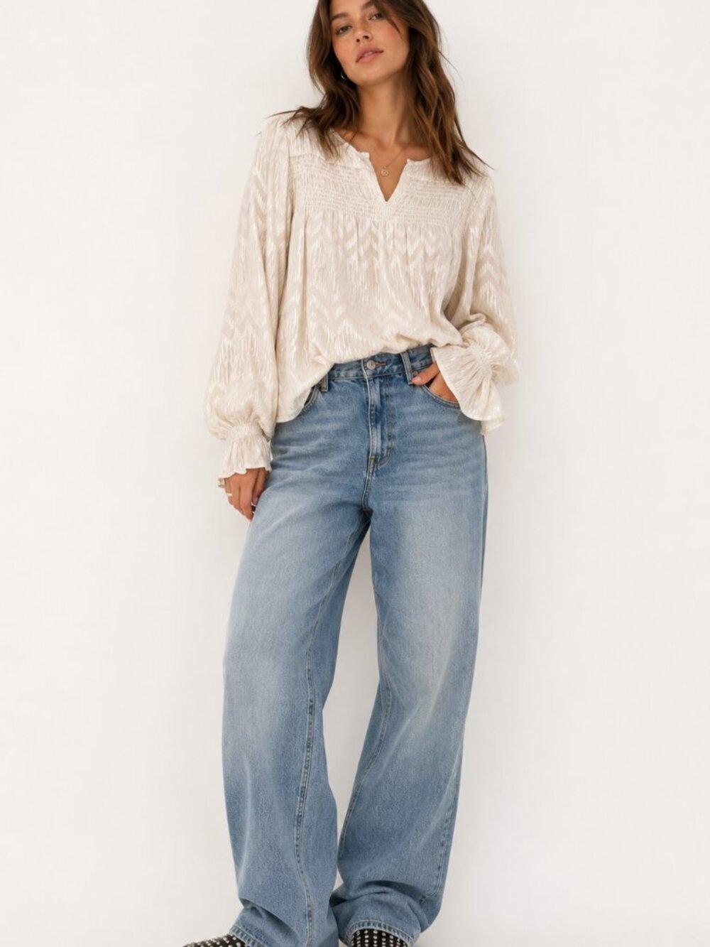 Maette Cream & Gold Striped Metallic Long Sleeve Blouse Womens 2X Boho Shirt Top